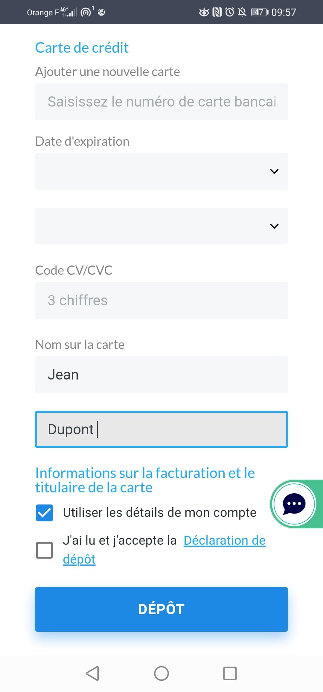 ROInvesting Enregistrement Carte de credit