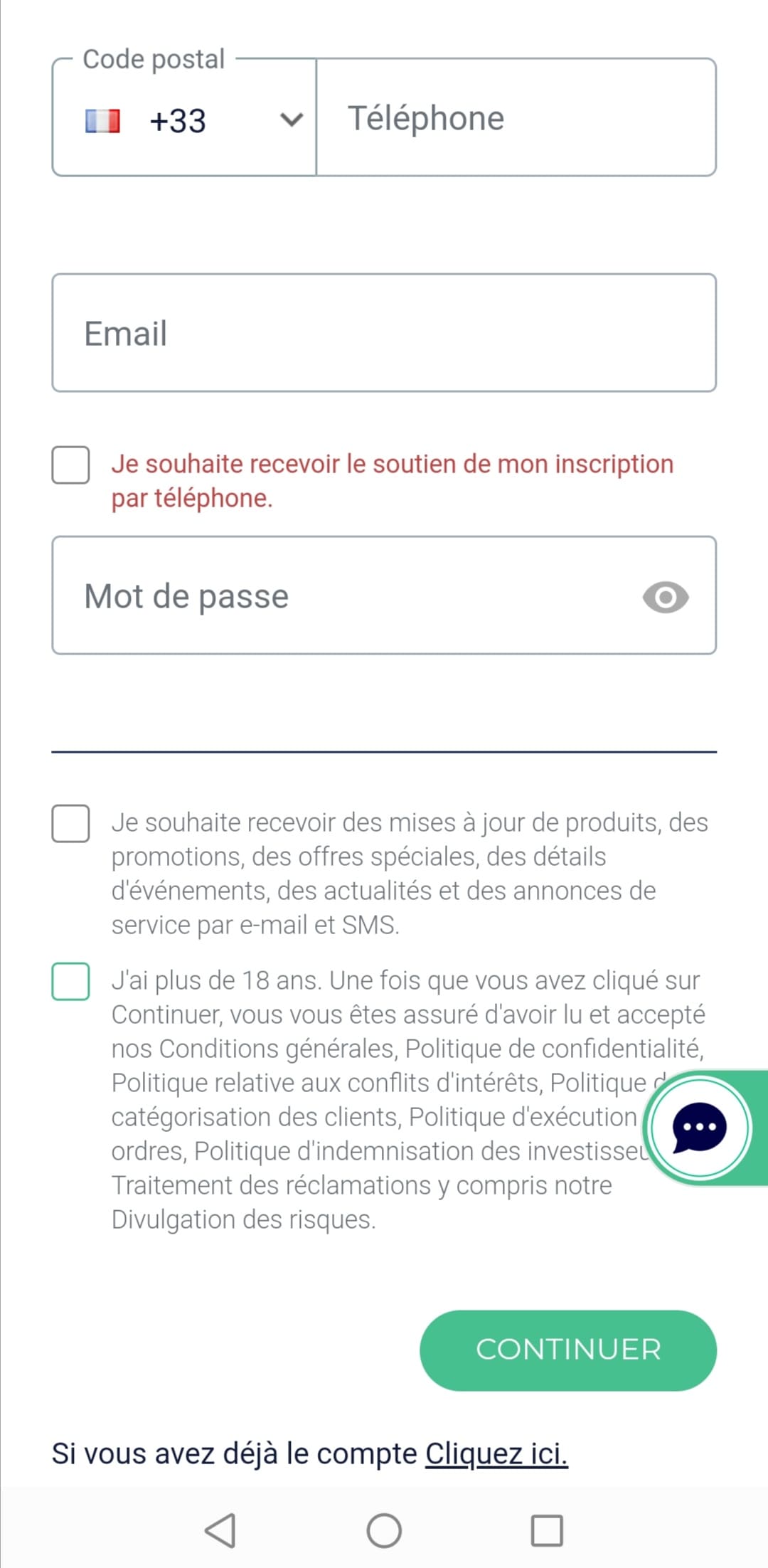 ROInvesting Enregistrement Choisissez un mot de passe sur "Continuer"