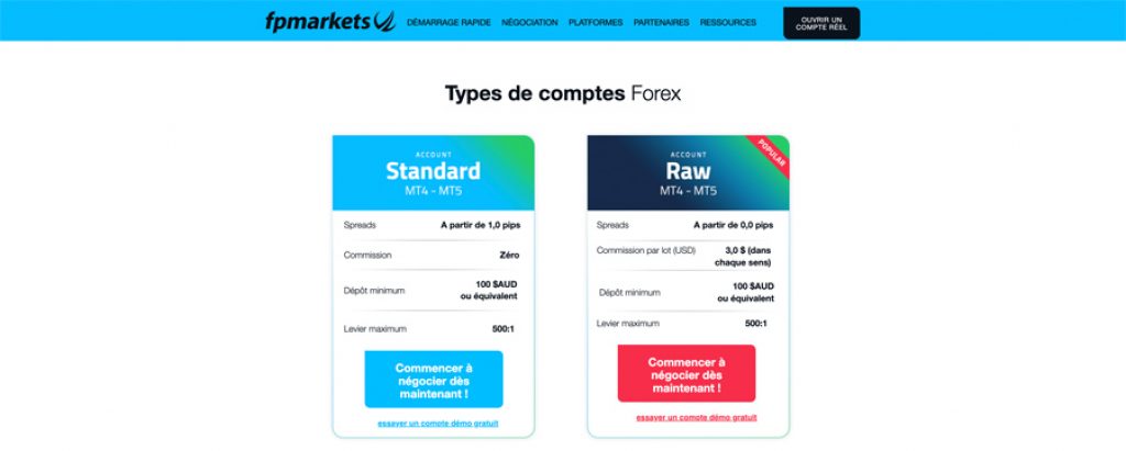 capture d'écran comptes fp markets