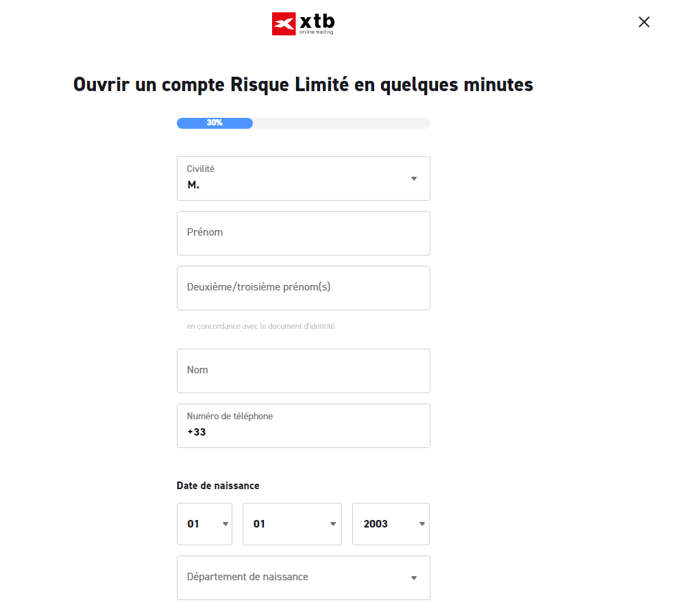 Acheter Bitcoin Ouverture compte XTB Saisie des données personnelles