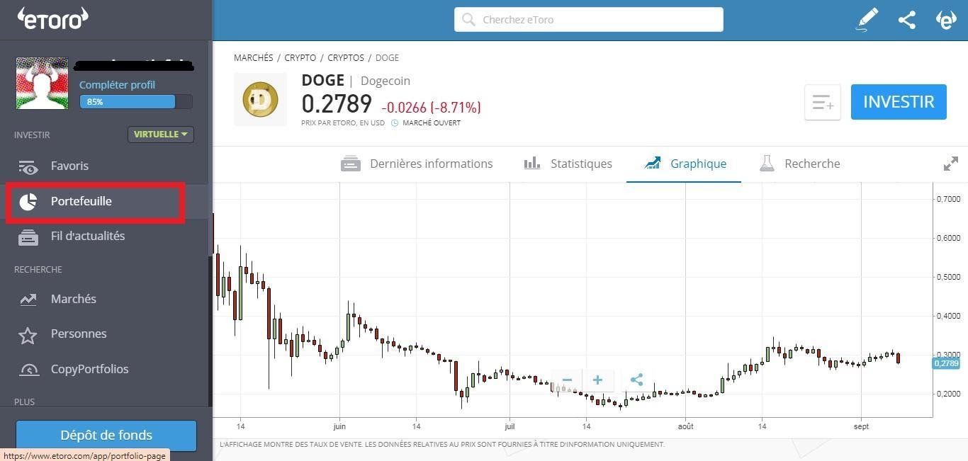 Cliquez sur le bouton Portfolio sur eToro