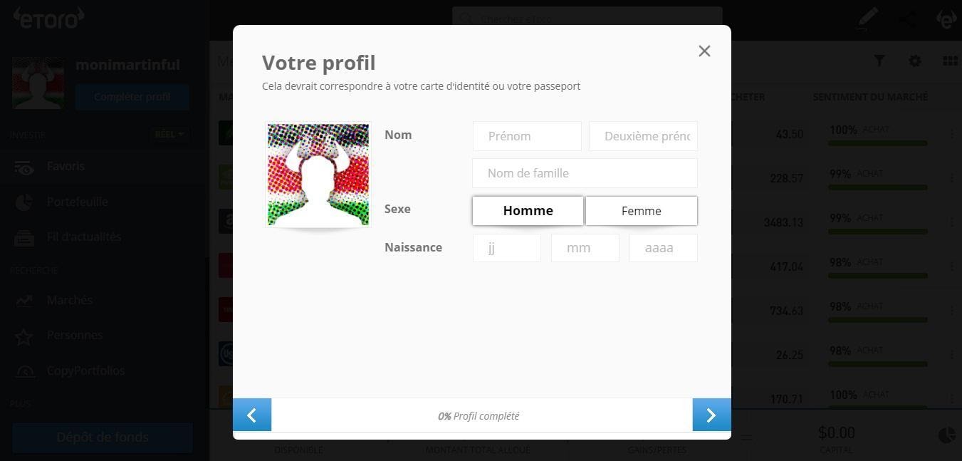 Dogecoin Compléter le profil sur eToro