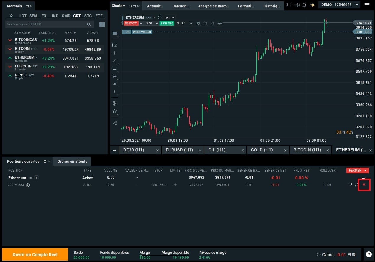 Ethereum Vendre sur la plate-forme XTB