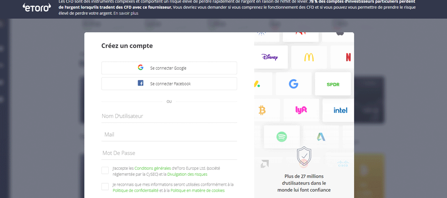 capture d'ecran ouvrir un compte etoro