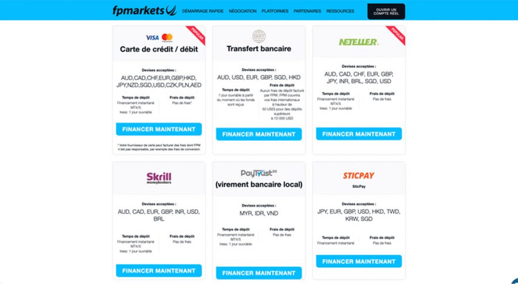 capture d'écran deposer fp markets